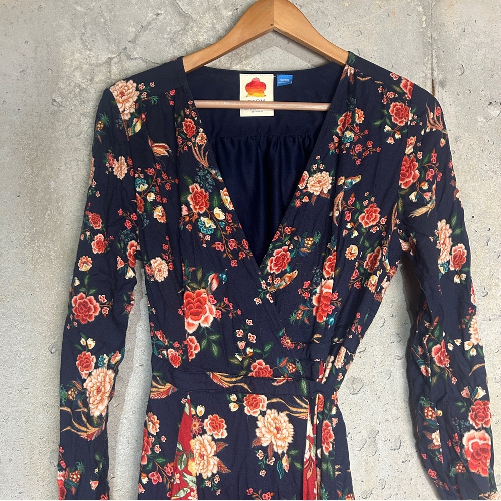 Farm Rio, Graciea navy Rust red floral wrapped dress petite small - Picture 5 of 10